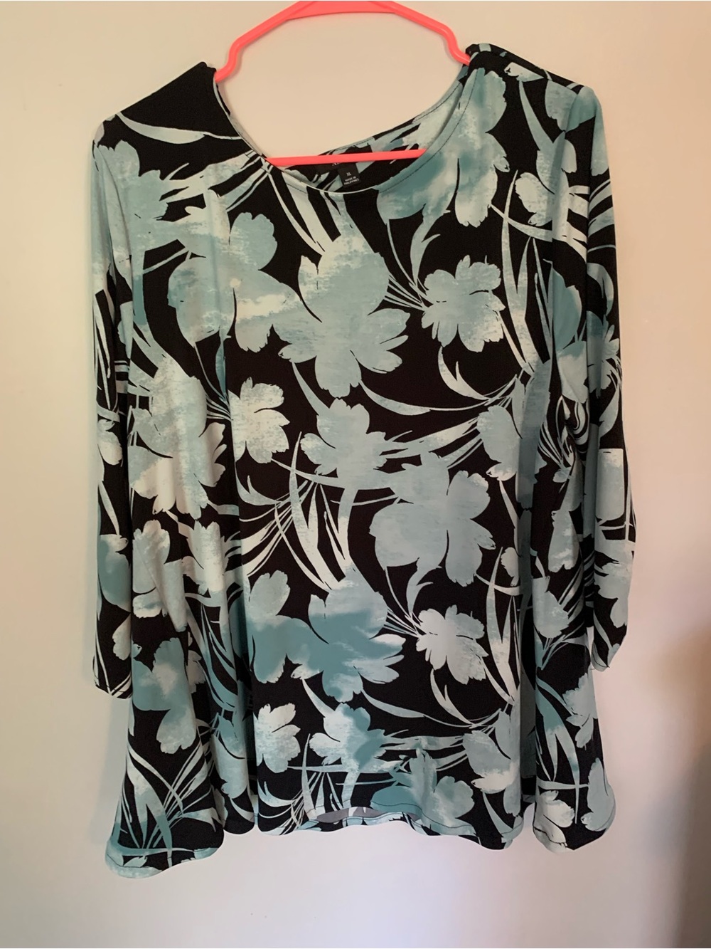 Alfani , size XL Black Floral Tunic Top with Pale Aqua Blooms